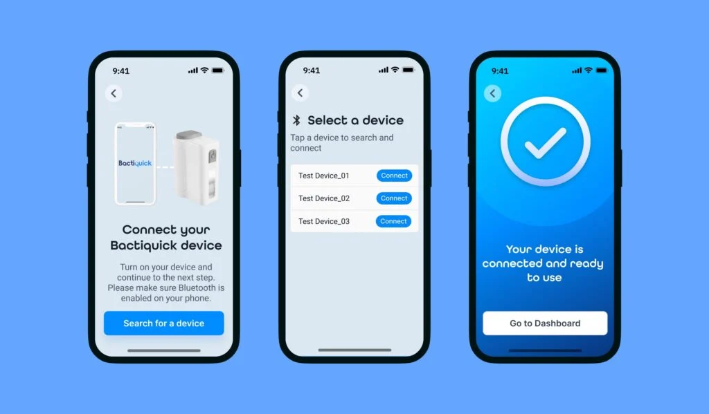 Bactiquick App Bluetooth pairing screens