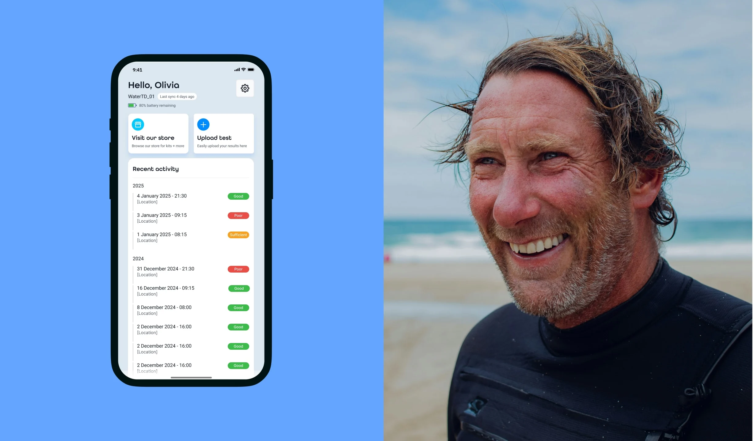 Bactiquick App recent activity screen with dated test records and result status
