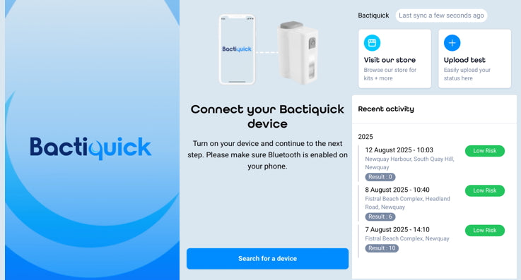Bactiquick mobile app showing device connection and test history