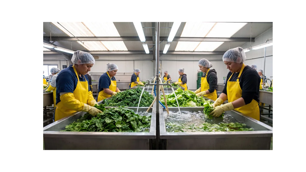 Food production workers washing fresh produce